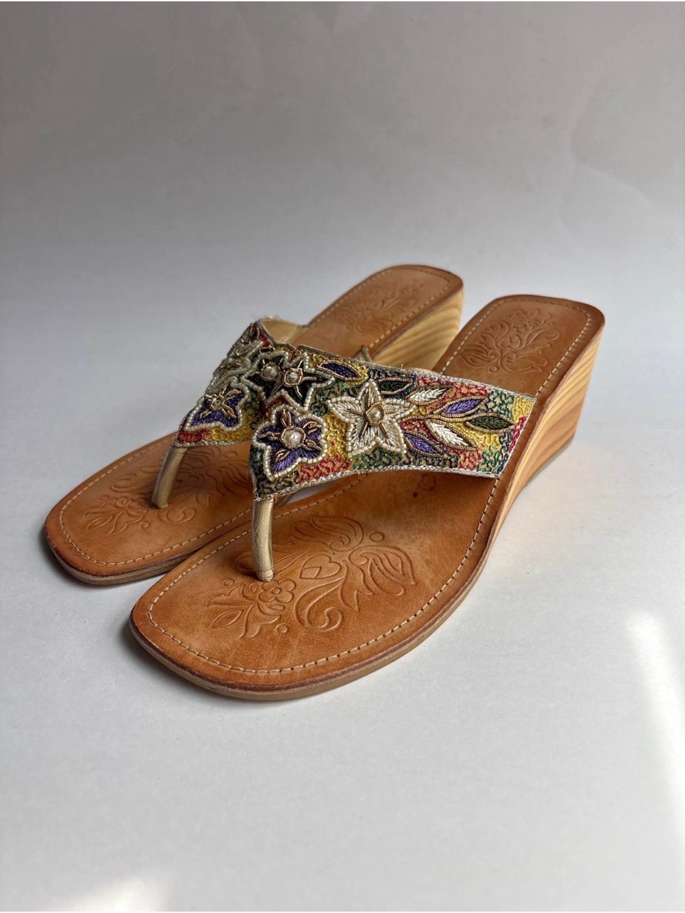 N.Y.L.A. Anika Beaded Embroidered 2.5" Wood Wedge Thong Sandals